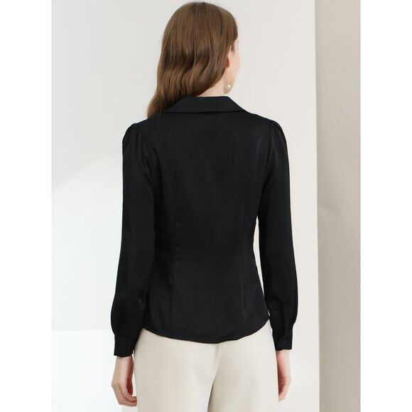 Women's Collar Blouse Long Sleeve Satin Button Down Shirt Black - Picture 5 of 6